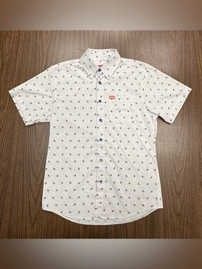 DIXXON “Brolingual” White Short-Sleeve Button-Down with Blue Mini Print
